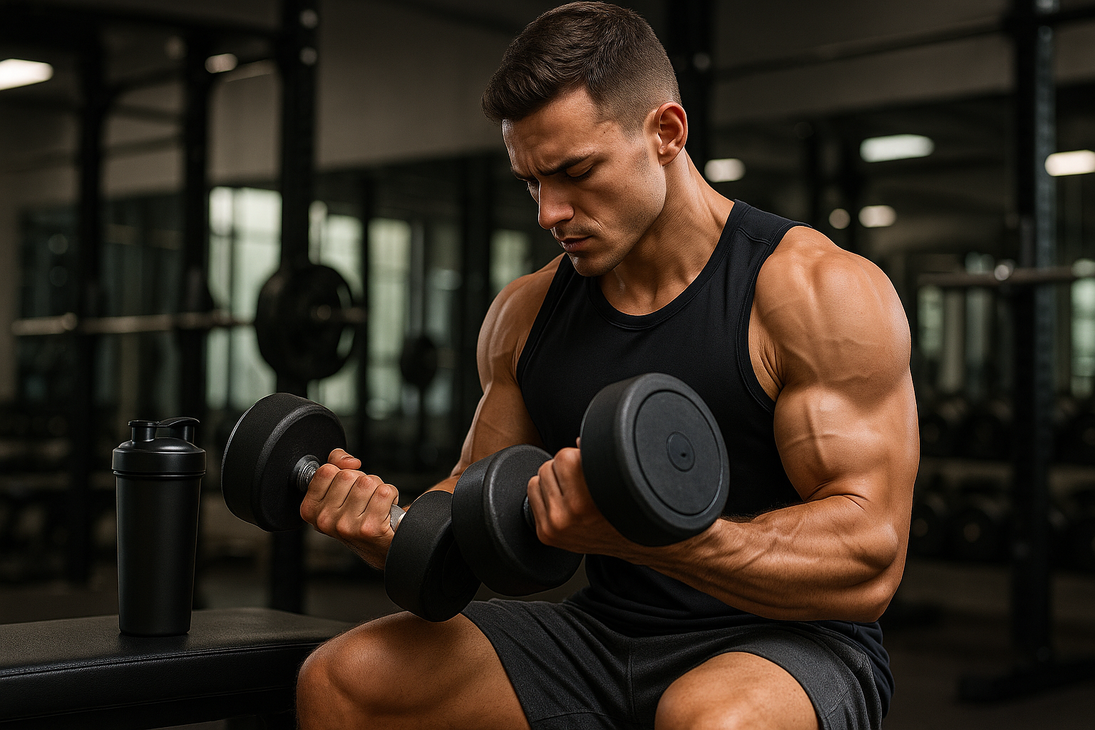 Un homme sportif dans une salle de sport effectuant un biceps curl et un shaker posé à côté de lui