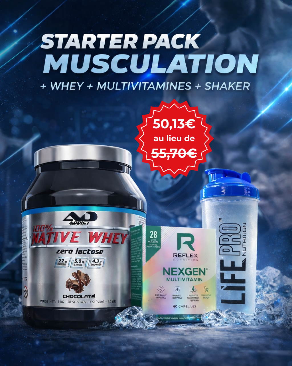 Starter Pack Musculation – Whey Native + Multivitamines + Shaker BodYeti