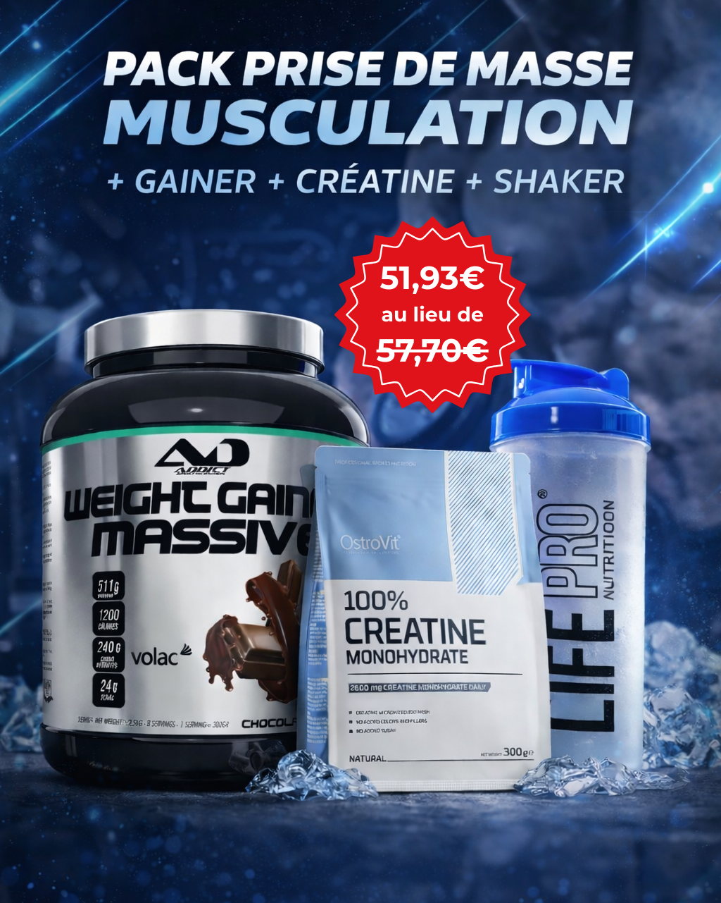 Pack Prise de Masse Musculation – Gainer + Créatine + Shaker BodYeti
