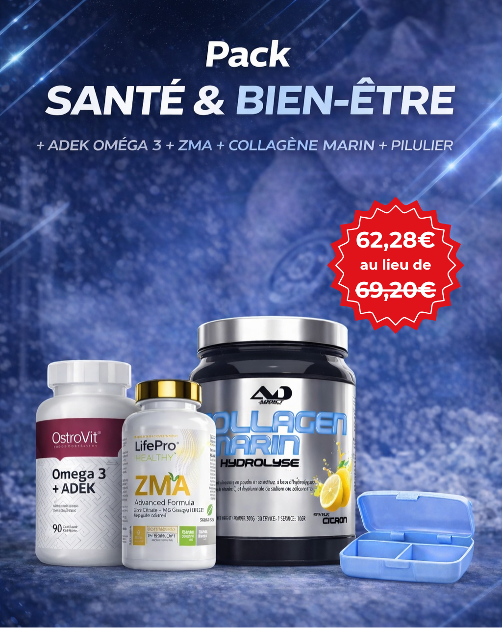Pack Santé & Bien-être – ADEK Oméga 3 + ZMA + Collagène Marin + Pilulier BodYeti
