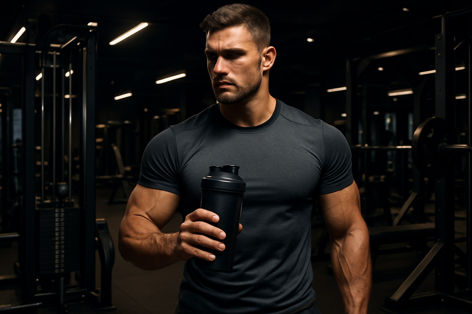 Un sportif en salle de musculation ambiance asse sombre, premium avec un shaker